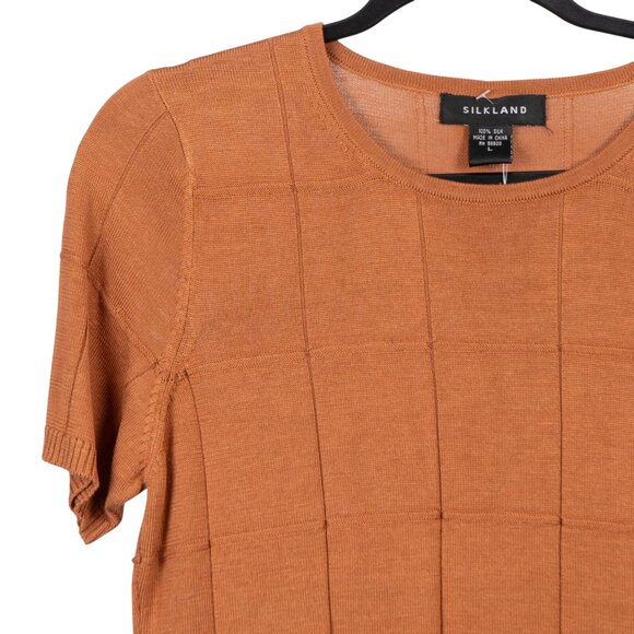 Silkland Silk Sweater L Womens NEW Short Sleeve Coffee Brown Stitching Stretch - Picture 2 of 5